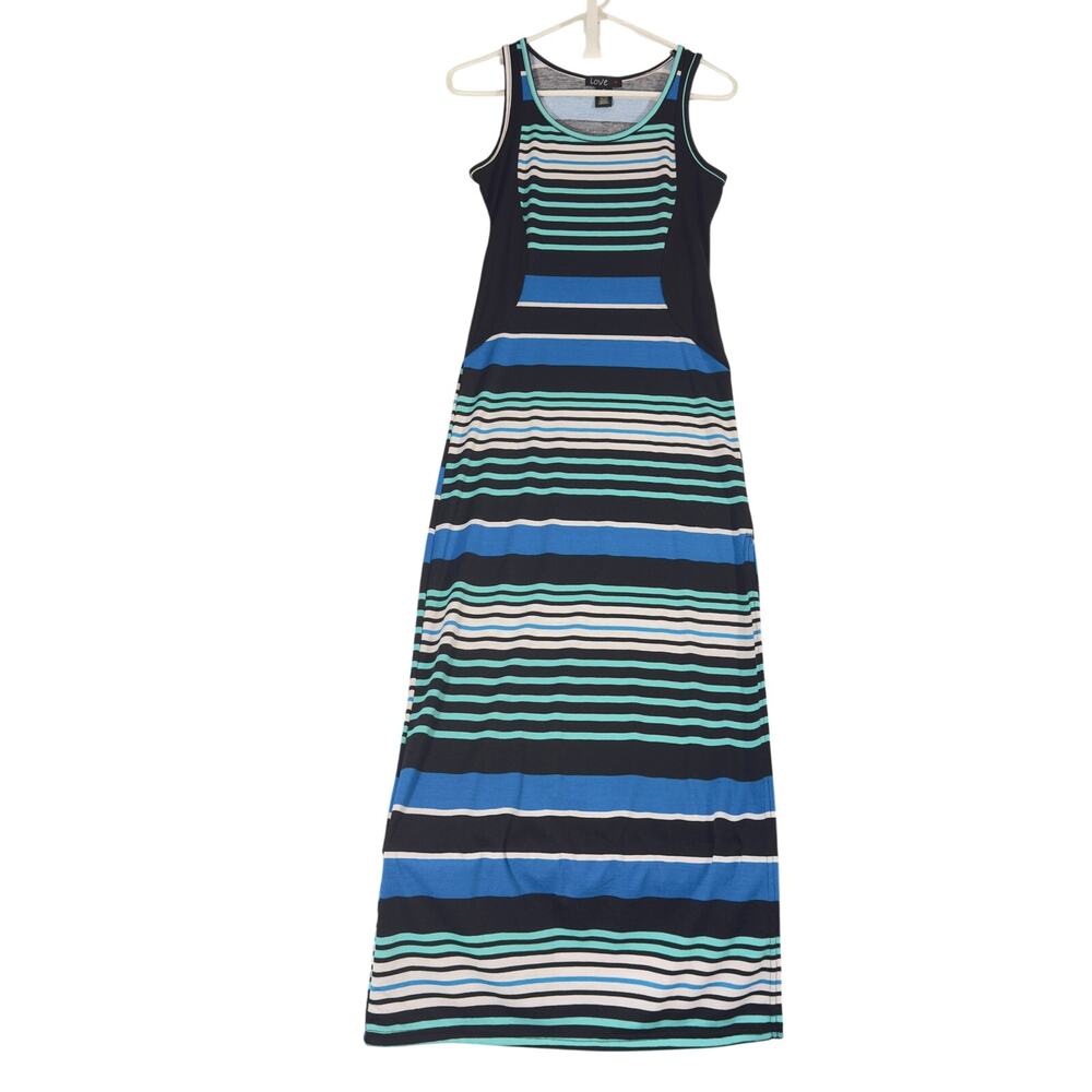 Love Womens Small Striped Maxi Dress Sleeveless Blue Teal Side Slit Stretch